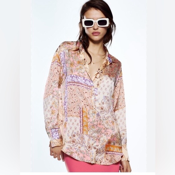 Zara Floral Women’s Satin Paisley Blouse Long Sleeve Button Down Size M - Picture 4 of 11